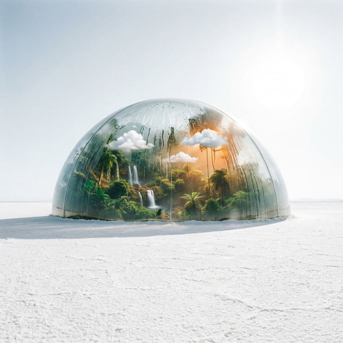 A glass terrarium the size of a mountain sitting in a barren white salt flat