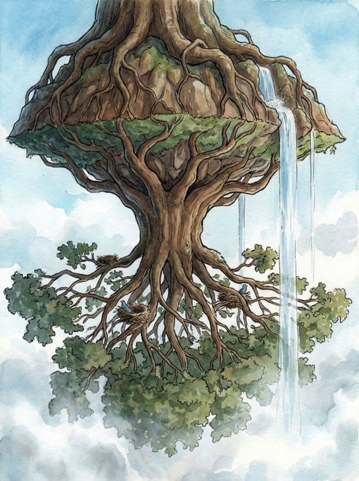 A tree growing upside down from the underside of a floating island