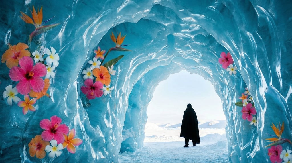 An ice cave whose interior walls are embedded with frozen tropical flowers — hibiscus
