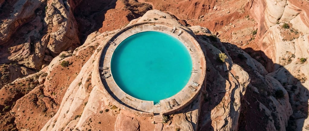 A massive circular swimming pool carved into the top of a remote mesa in the desert