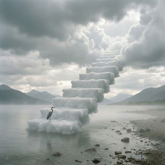 A stairway of clouds descending from a break in an overcast sky to touch down on a misty lakeshore