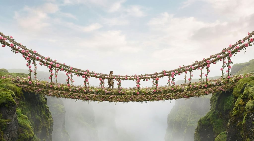 A suspension bridge made entirely of woven flowers spanning a deep gorge