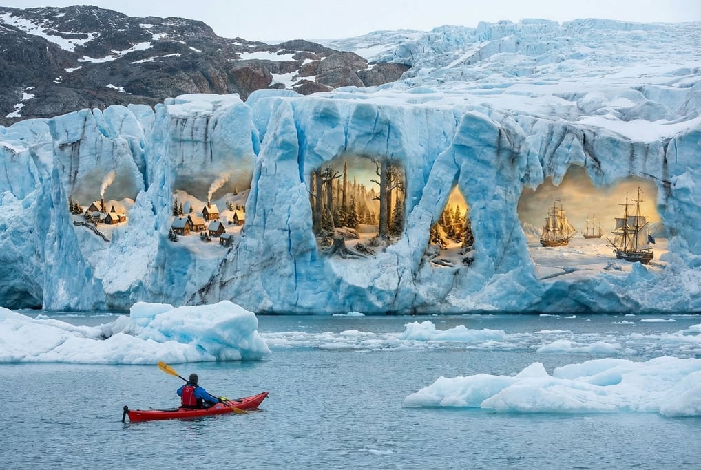 A glacier calving face where the broken ice reveals frozen scenes inside like dioramas — tiny frozen villages