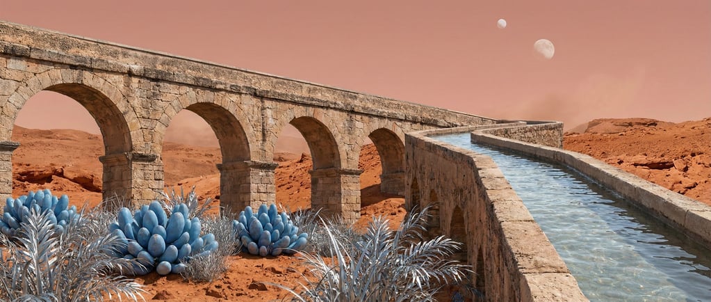 An ancient Roman aqueduct stretching across a Martian-red desert landscape