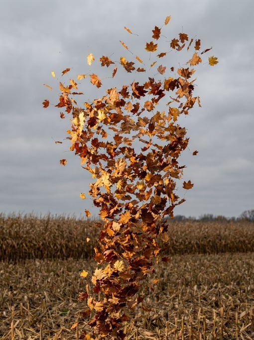 A tornado made entirely of autumn leaves frozen in mid-spin above a harvested cornfield