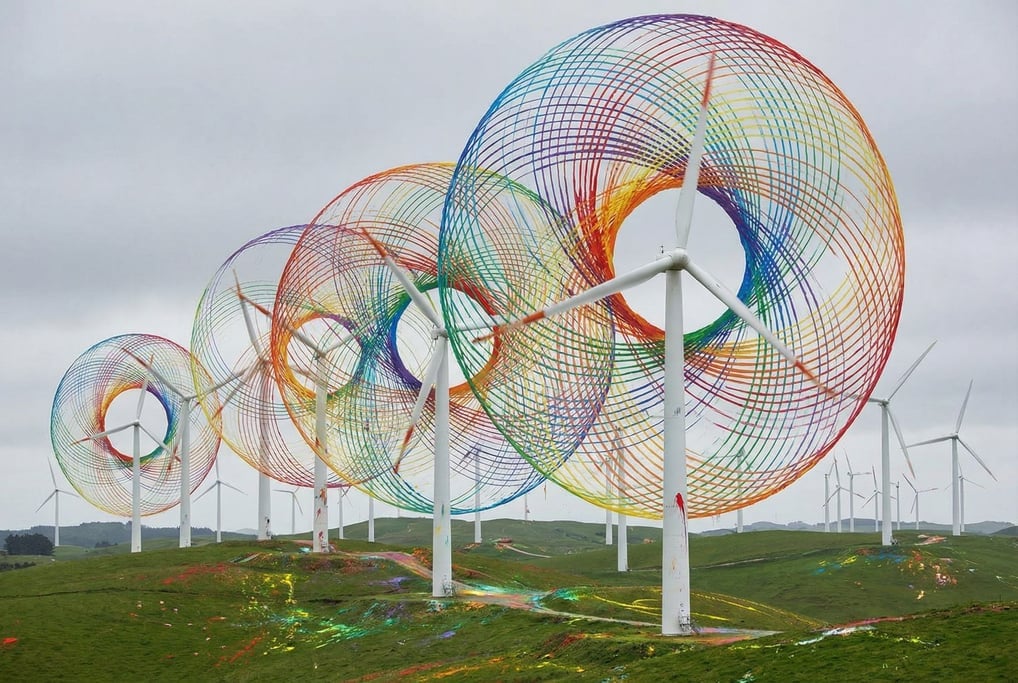 A field of wind turbines where each blade trails a different color of paint as it spins