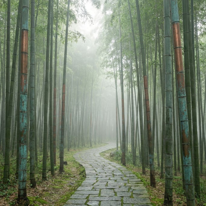 A bamboo forest where every tenth bamboo stalk is made of copper that has turned green with patina