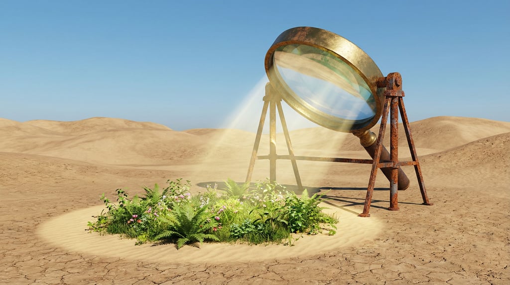 An enormous magnifying glass held up by a rusty tripod in a desert