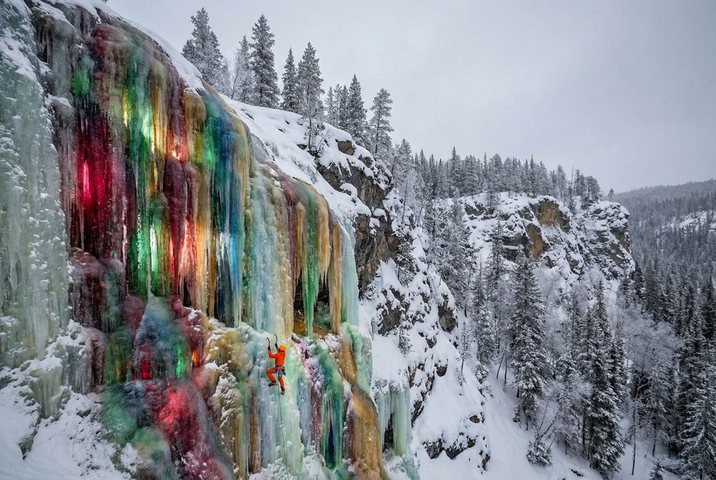 A frozen waterfall where the ice has frozen in impossible colors — deep crimson, emerald green