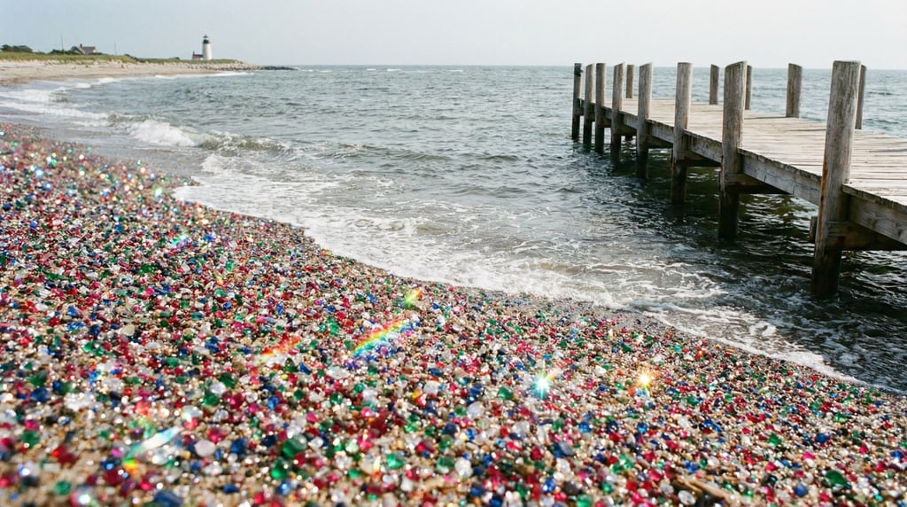 A coastline where the beach sand is composed entirely of tiny gemstones — rubies, sapphires
