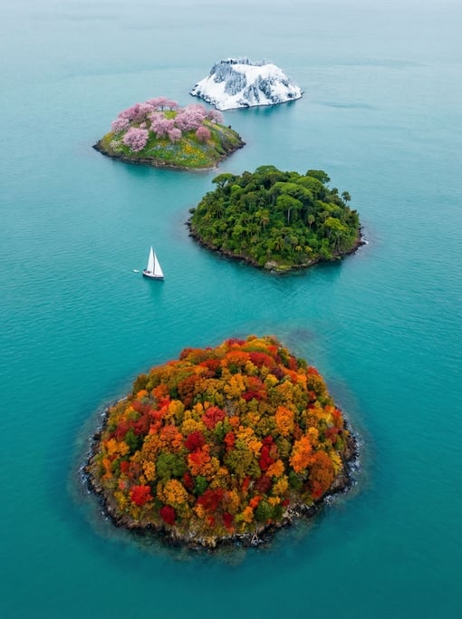 A chain of small volcanic islands where each island exists in a different season — one in spring bloom