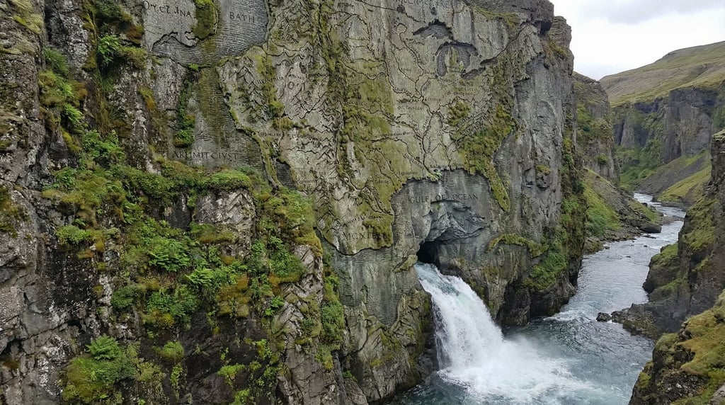 A cliff face carved with an enormous detailed map of an imaginary continent