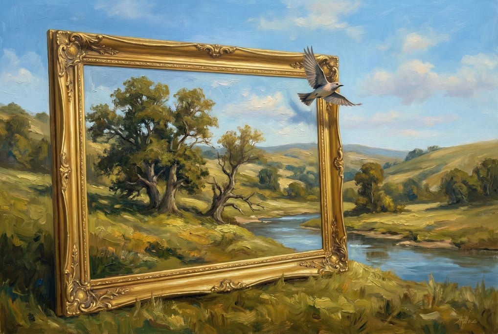 An oil painting of a landscape hanging in an ornate gold frame