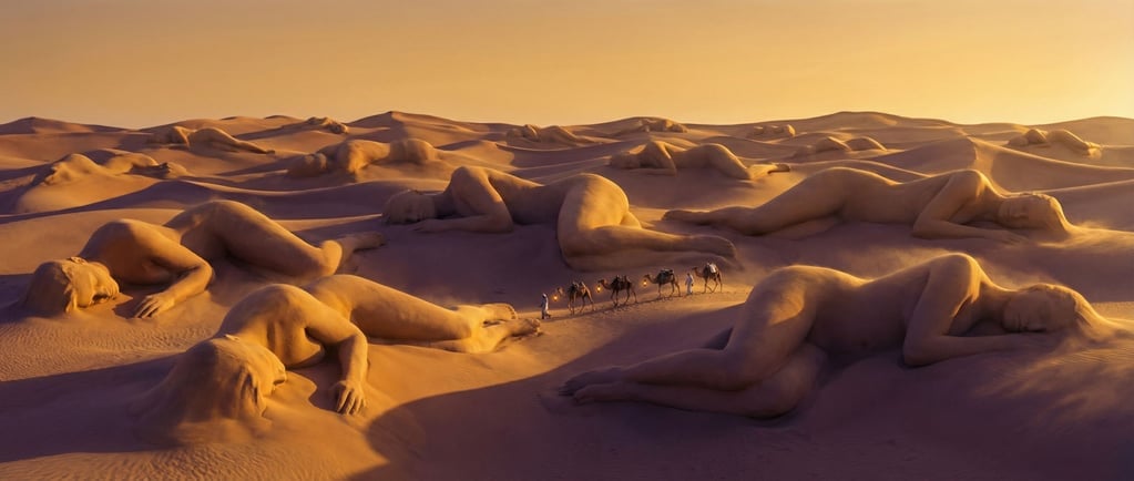 A desert where sand dunes have formed into the shapes of sleeping human figures