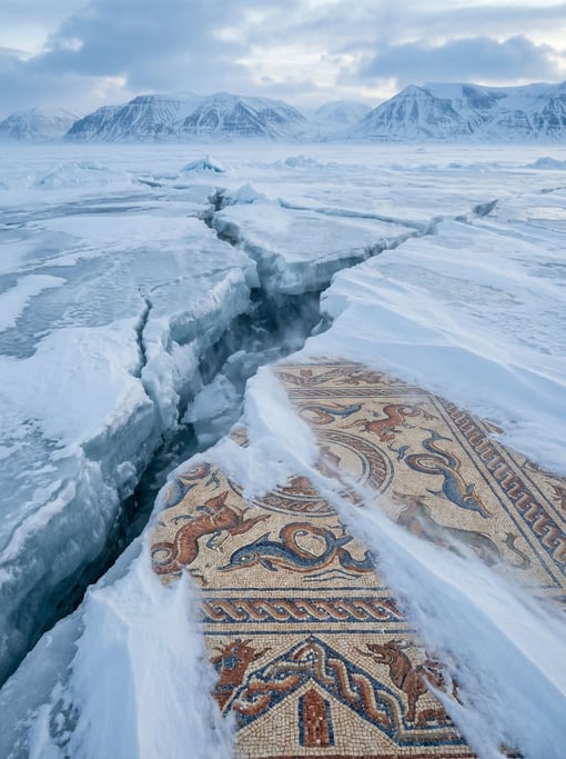 A frozen tundra where the ice has cracked to reveal a vast mosaic floor beneath — ancient Roman-style tilework depicting sea creatures and geometric patterns in terracotta and blue