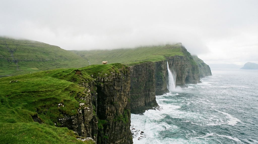 A sweeping view of Faroe Islands coastline where impossibly green grass meets sheer basalt cliffs dropping hundreds of meters to churning Atlantic waves
