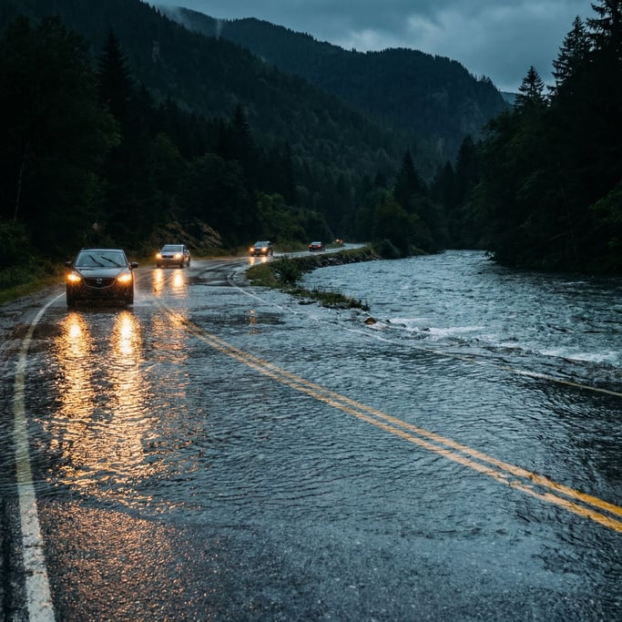 A winding mountain road where the road surface is a flowing river — clear water running downhill alo