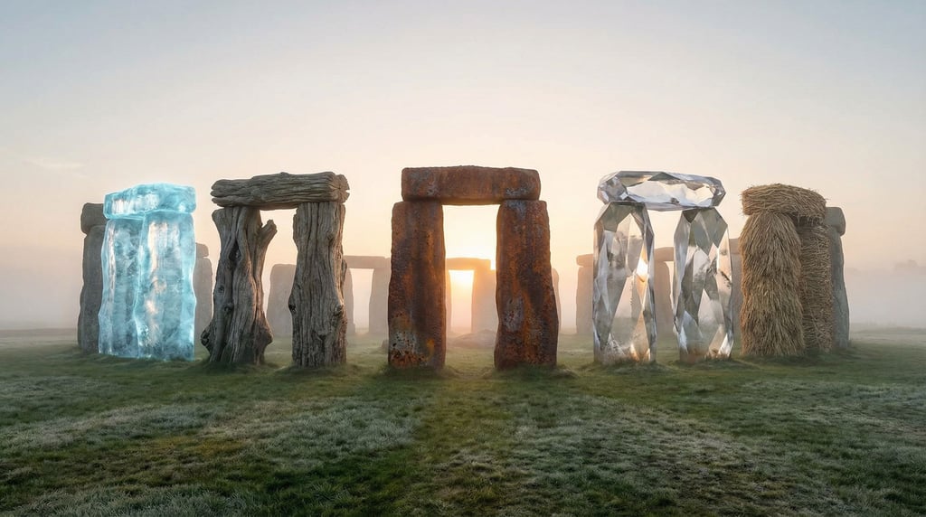 A stone circle like Stonehenge but each monolith is a different material — one is ice, one is wood