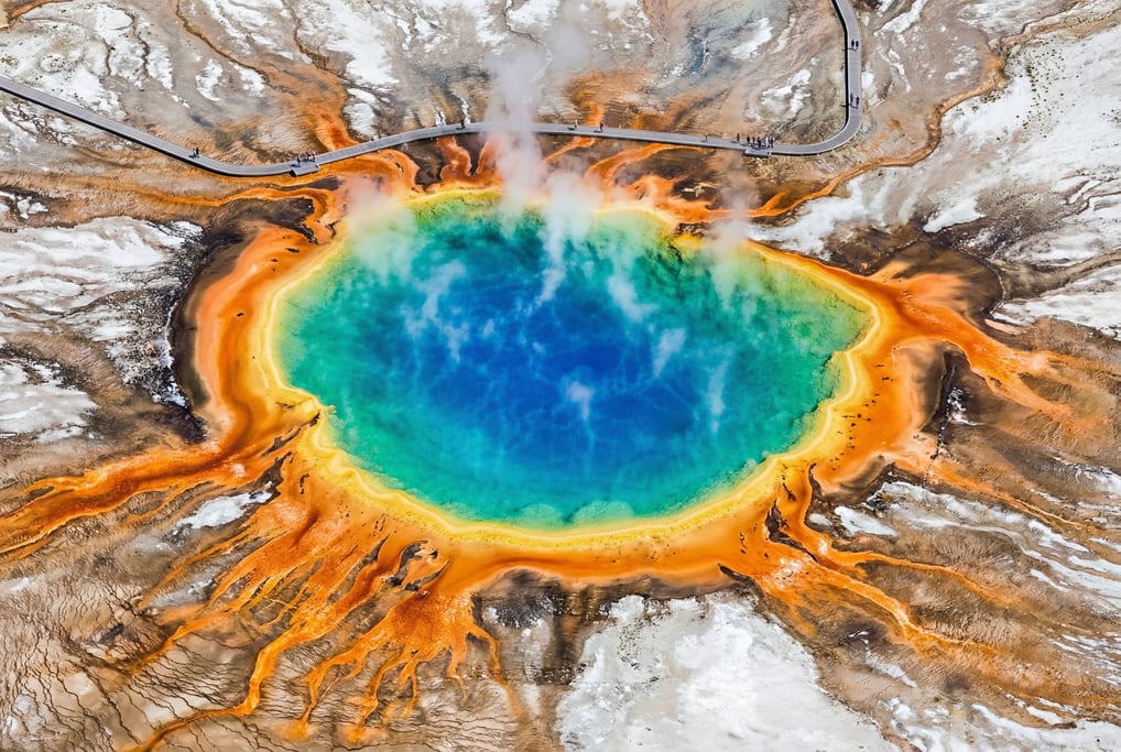 Aerial photograph of the Grand Prismatic Spring in Yellowstone