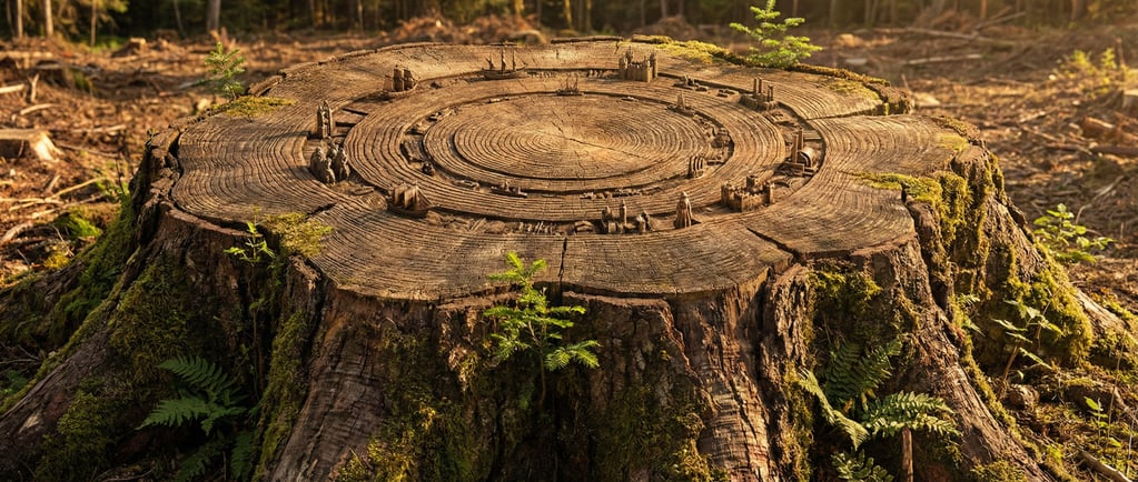 An enormous tree stump the diameter of a city block in a cleared forest