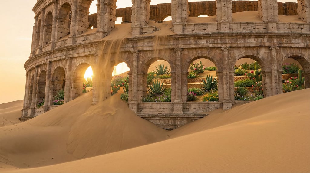 An ancient colosseum half-buried in sand dunes