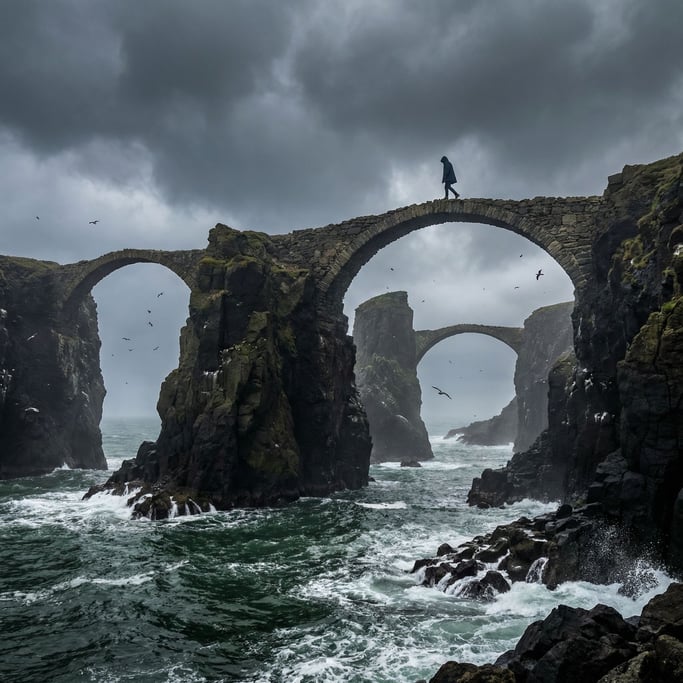 A network of stone bridges connecting the tops of sea stacks off a dramatic coastline