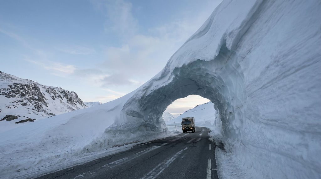 A mountain pass where the wind has sculpted snow into the form of a massive cresting ocean wave