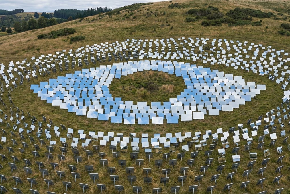 A hillside covered in thousands of mirrors angled to create a composite image visible only from a sp