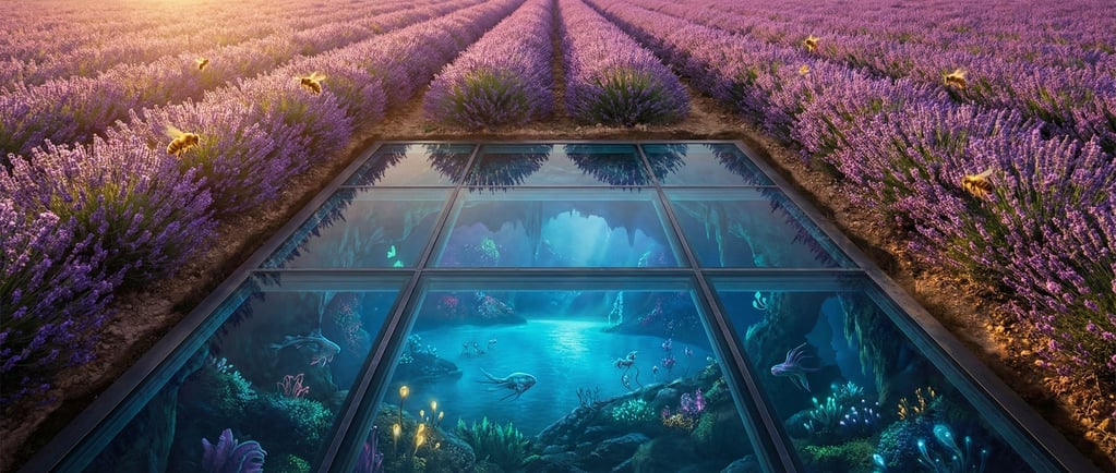 A lavender field where the rows part to reveal an underground chamber visible through a glass floor