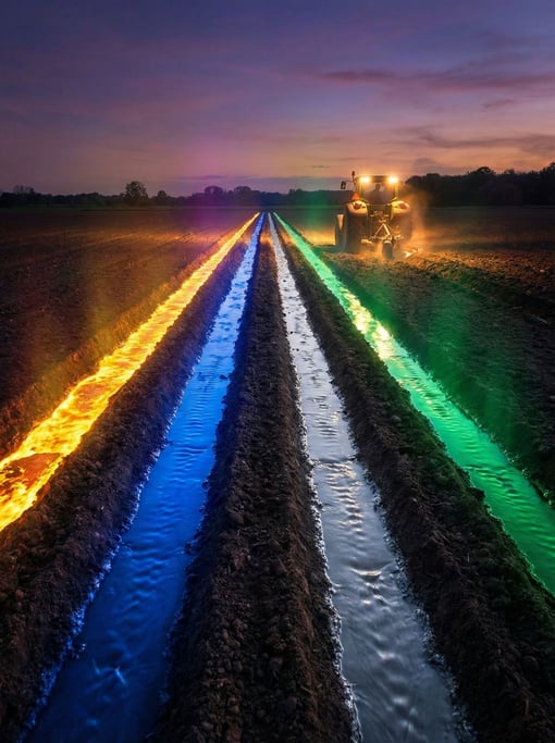 A plowed field where each furrow contains a different glowing liquid — one row of molten gold