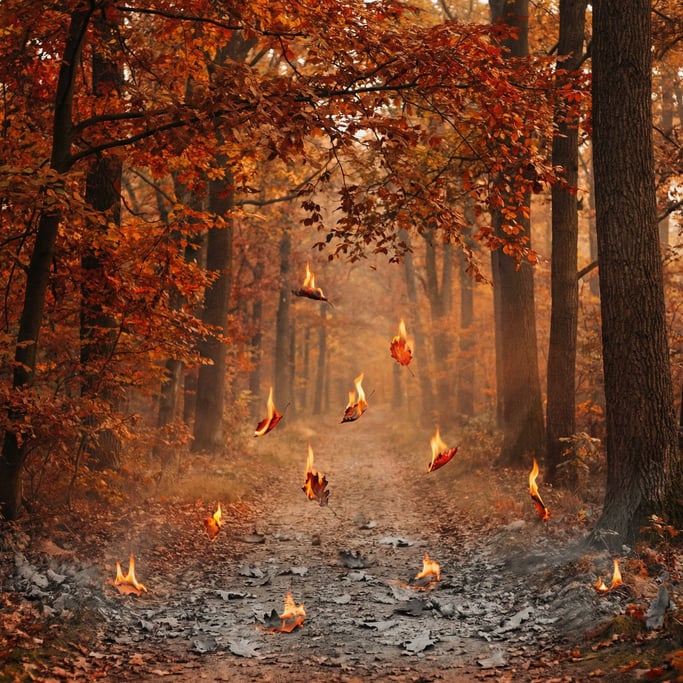 A path through autumn woods where the falling leaves are catching fire as they descend