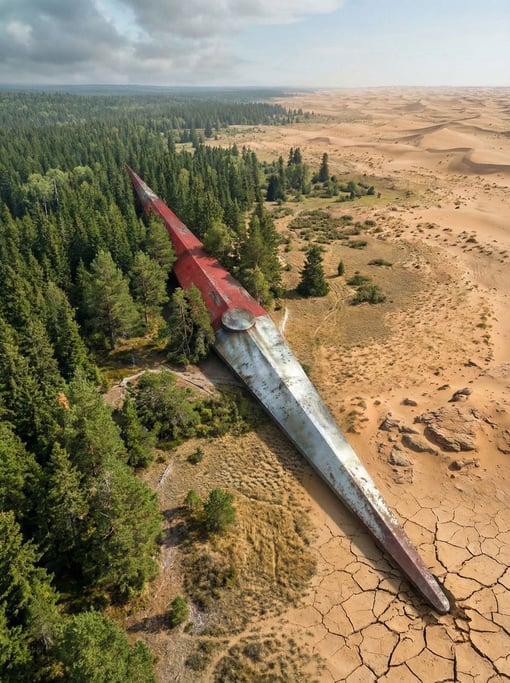 An enormous compass needle — a physical metal object hundreds of meters long — lying across a landsc