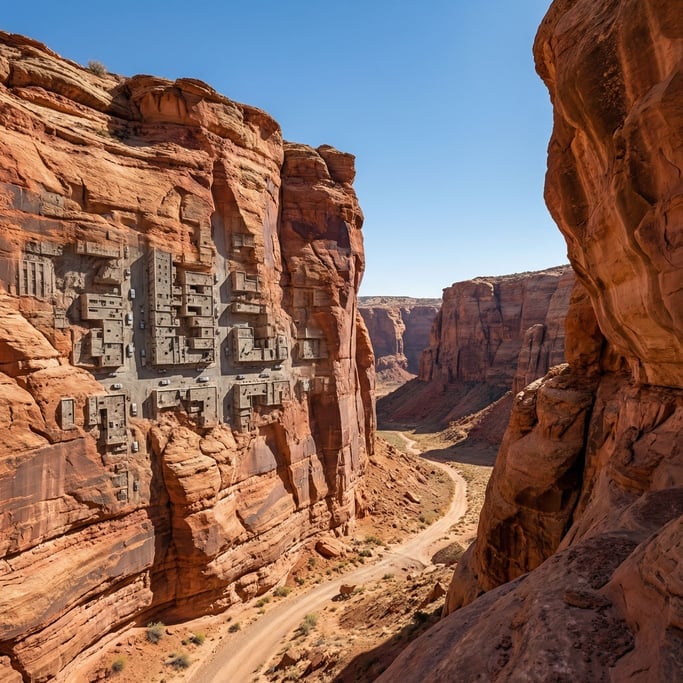 A desert canyon where the rock walls on one side display a fossilized cityscape — buildings