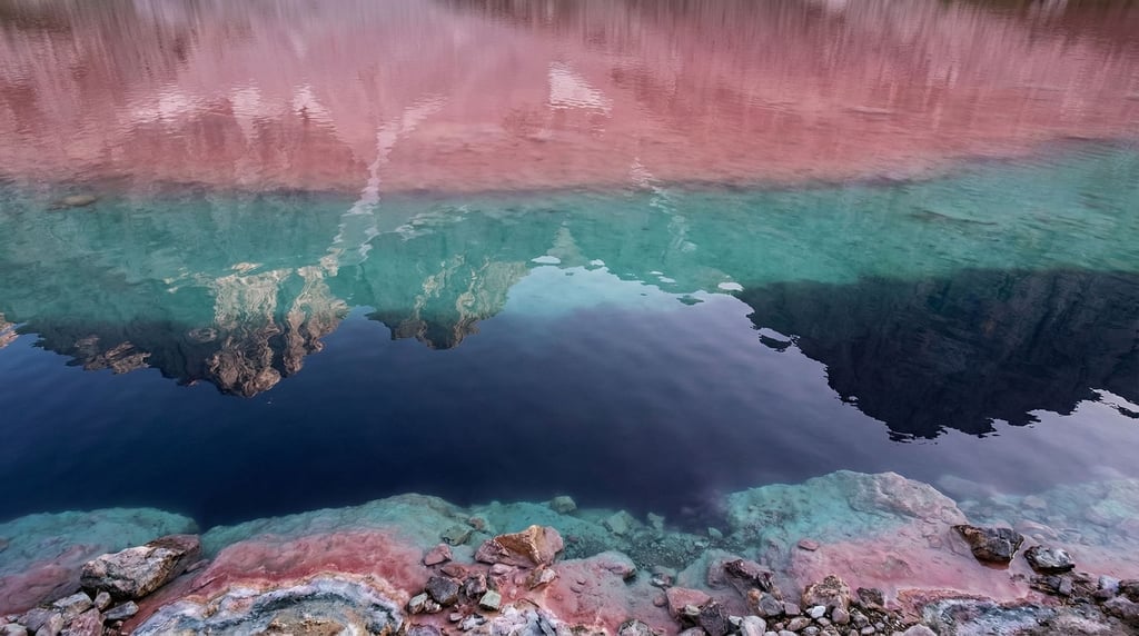 A mountain lake where the water has stratified into distinct non-mixing layers of different colors — rose pink on top