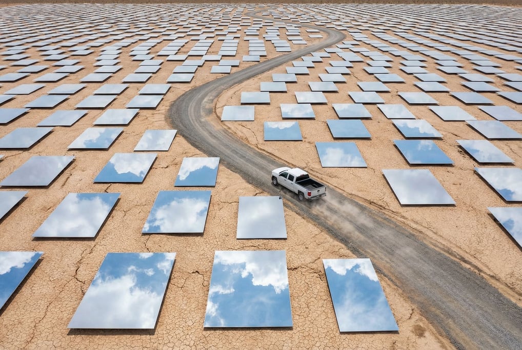 A field of solar panels in a desert that reflect the sky so perfectly they appear as rectangular holes in the ground showing sky below the earth's surface