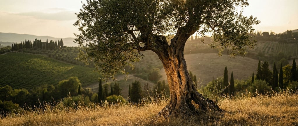A single ancient olive tree on a Tuscan hillside at the golden hour