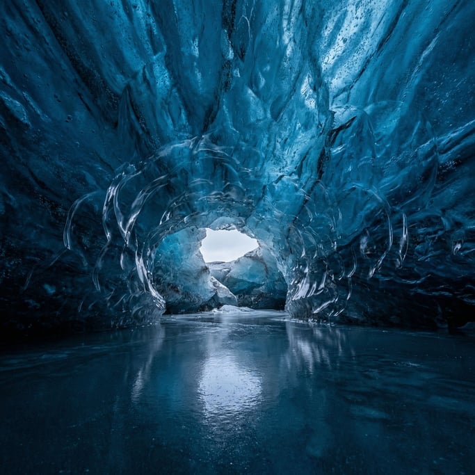 An ice cave interior in a glacier