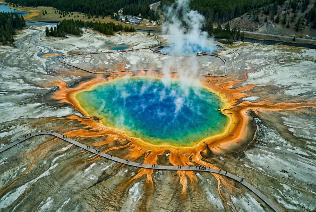 An aerial view of the Grand Prismatic Spring in Yellowstone