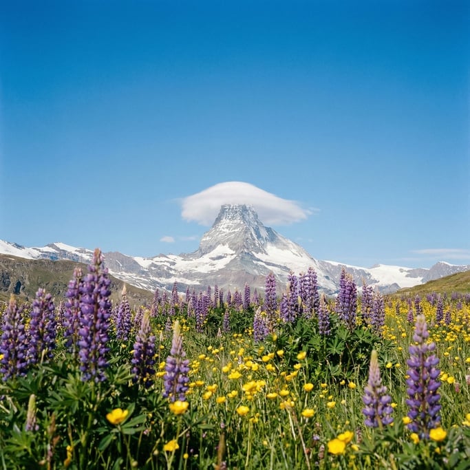 A wildflower meadow in the Swiss Alps with lupins and buttercups in purple and yellow