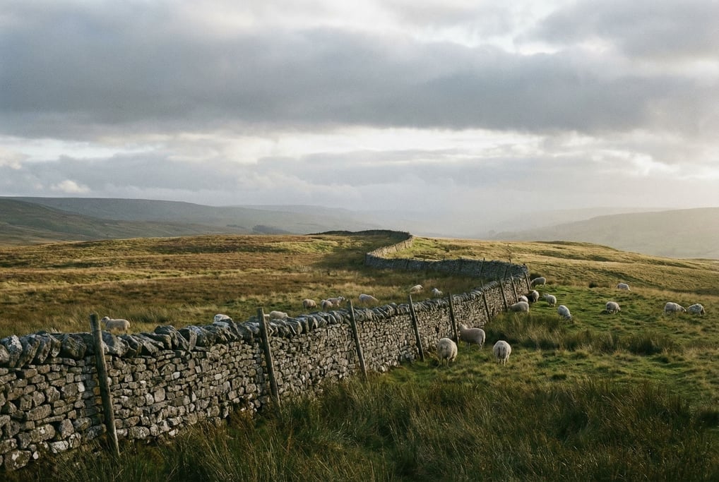A dry stone wall running across a moorland landscape in the Yorkshire Dales