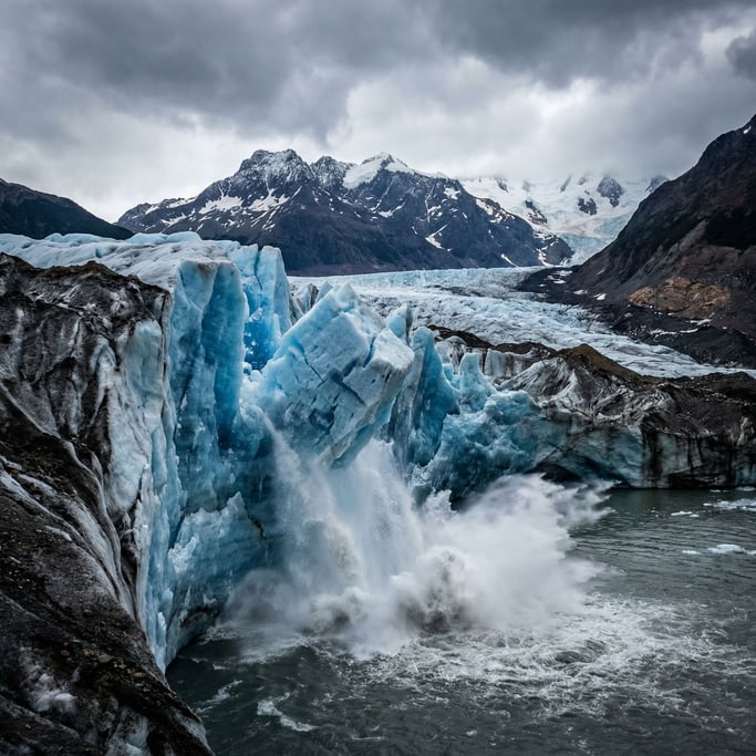 A Patagonian glacier face at the moment of calving