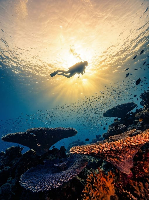 A coral reef in the Red Sea from below looking up