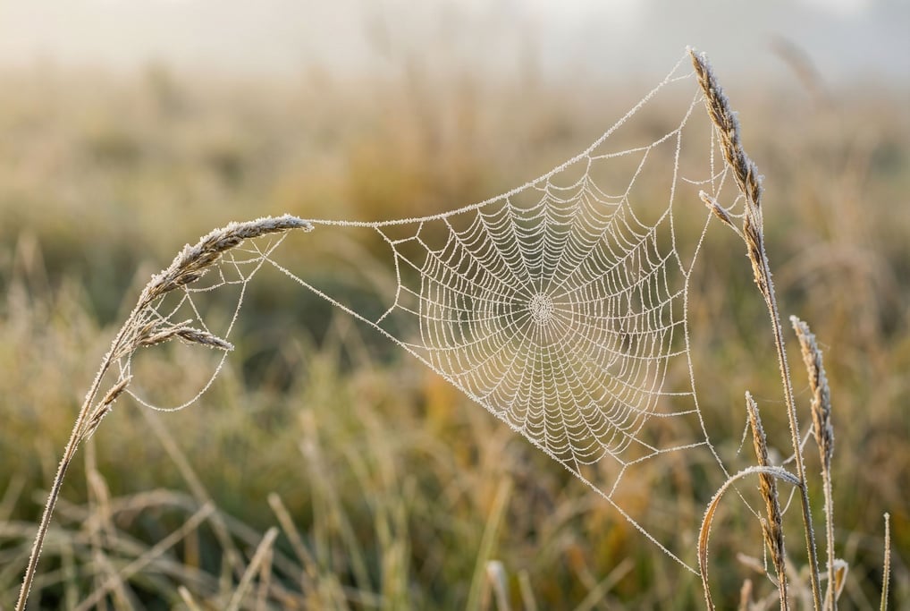 A frost-covered spider web in a meadow at sunrise