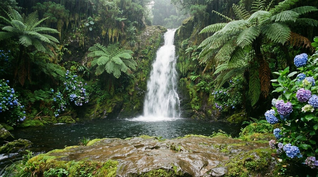 A waterfall in a mossy ravine in the Azores