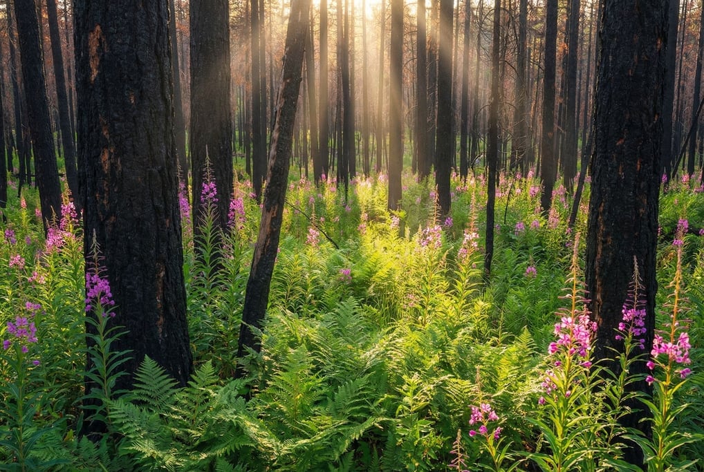 A wildfire-scarred forest two years after