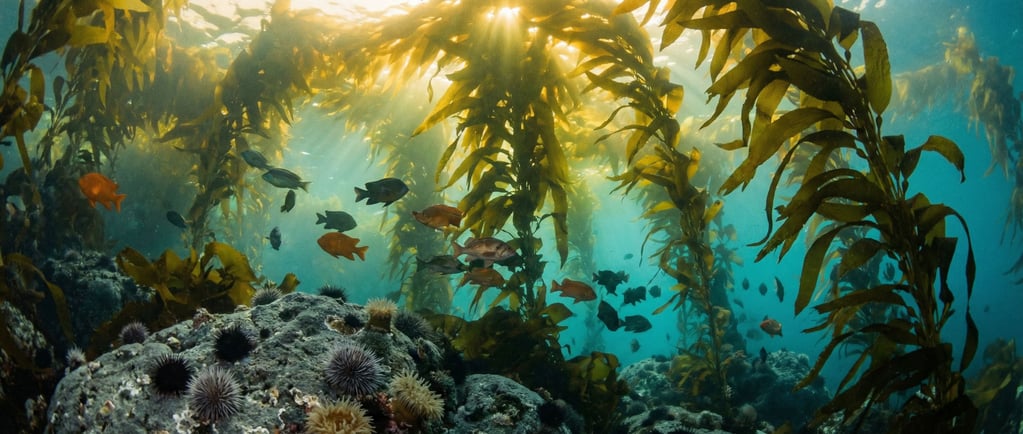 An underwater view of a kelp forest