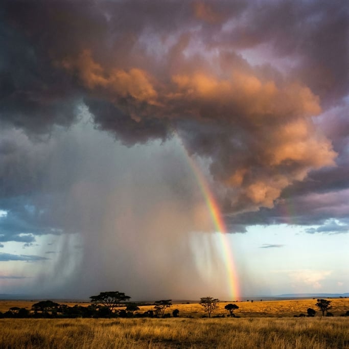 A thunderstorm over the Serengeti at sunset