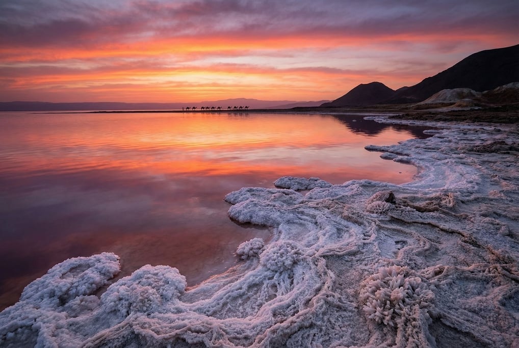 A salt lake in Ethiopia reflecting a sunset in bands of orange and pink and purple