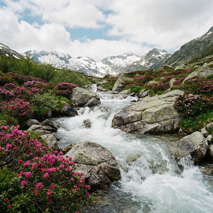 A mountain stream in spring with snowmelt rushing over granite boulders