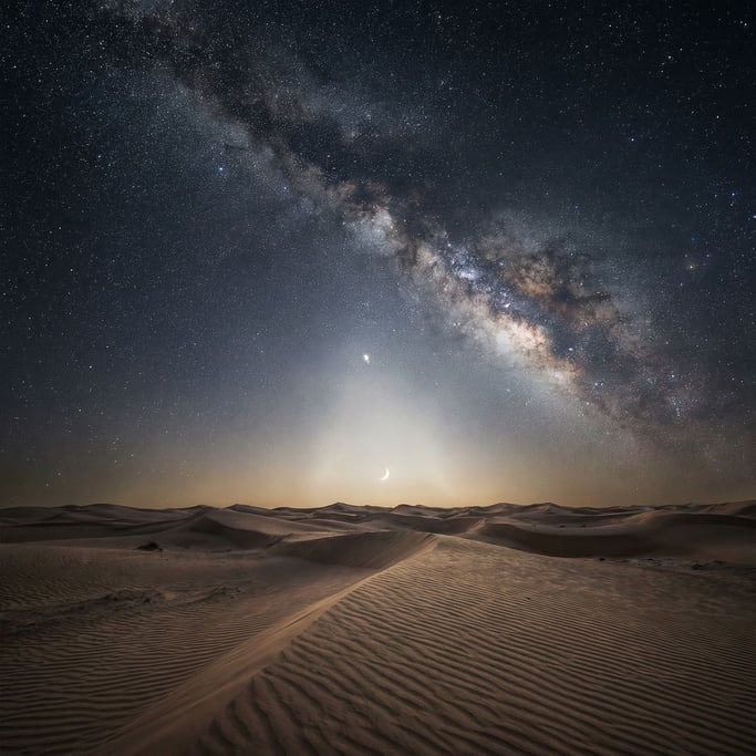 A desert night sky with the zodiacal light visible as a faint pyramid of light above the horizon